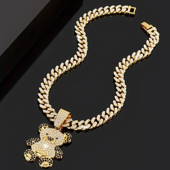 Ladies Hip Hop Cute Bear Pendant Rhinestone Cuban Chain Necklace Animal Shiny - Picture 3 of 4
